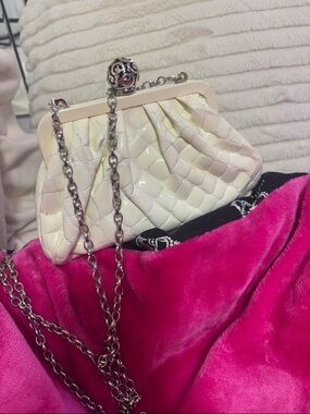 Brighton Cream Patent Quilted Frame Clutch with Silver Chain